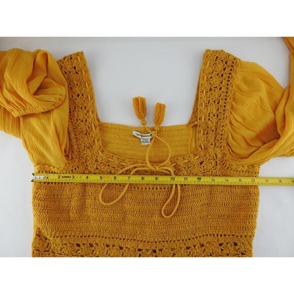 American Eagle Mustard Crochet Peasant Blouse Boho Festival Top Size Medium - Picture 7 of 9